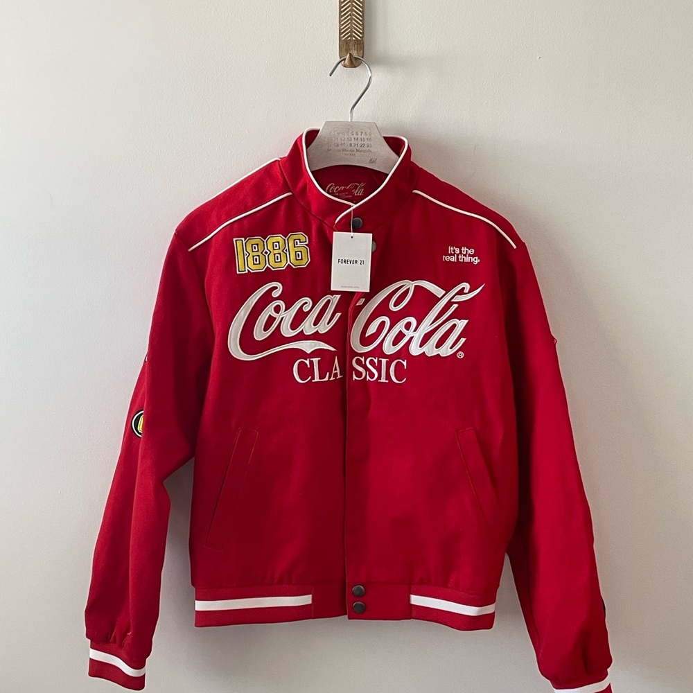 NEW Forever 21 x Coca-Cola Red Multi Racing Bomber Jacket Men's XS (Unisex) NWT
